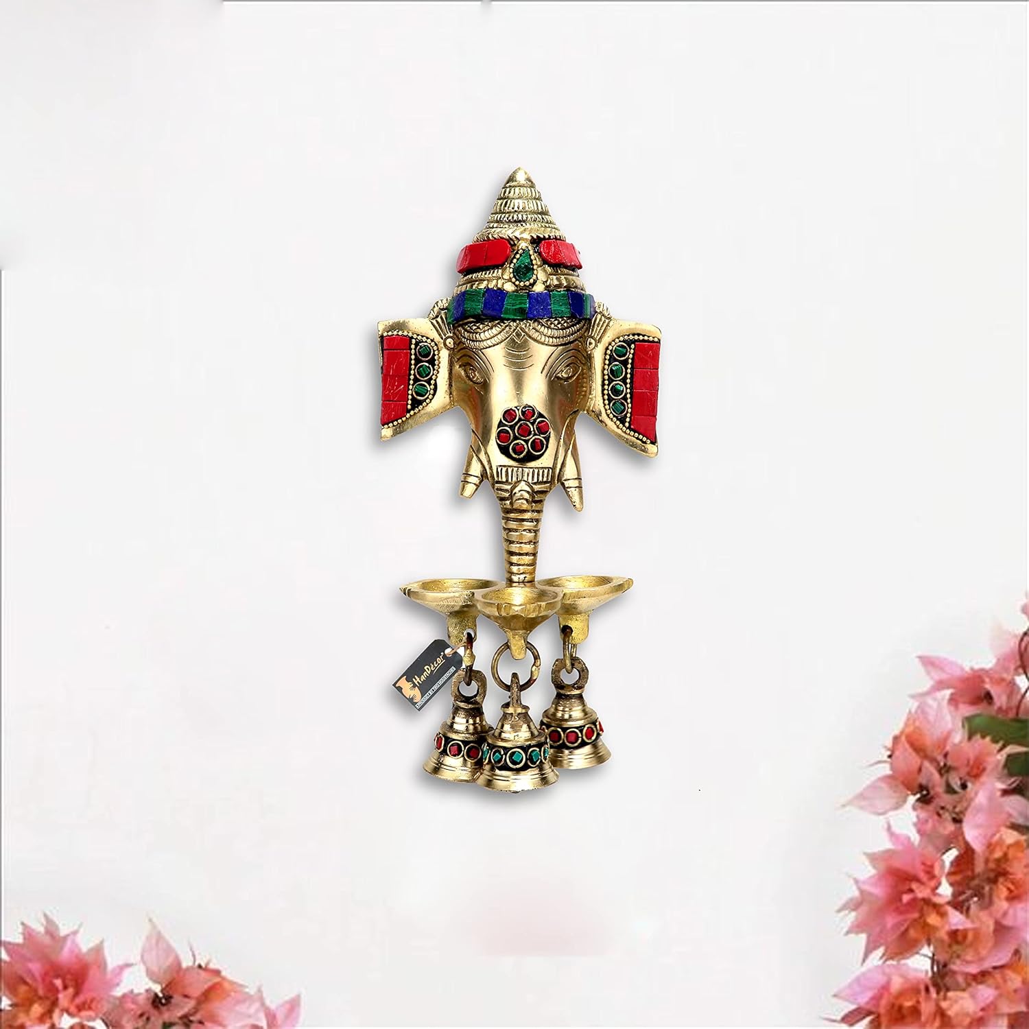 Gemstone Work Brass Ganesha Wall Hanging Diya with Bells