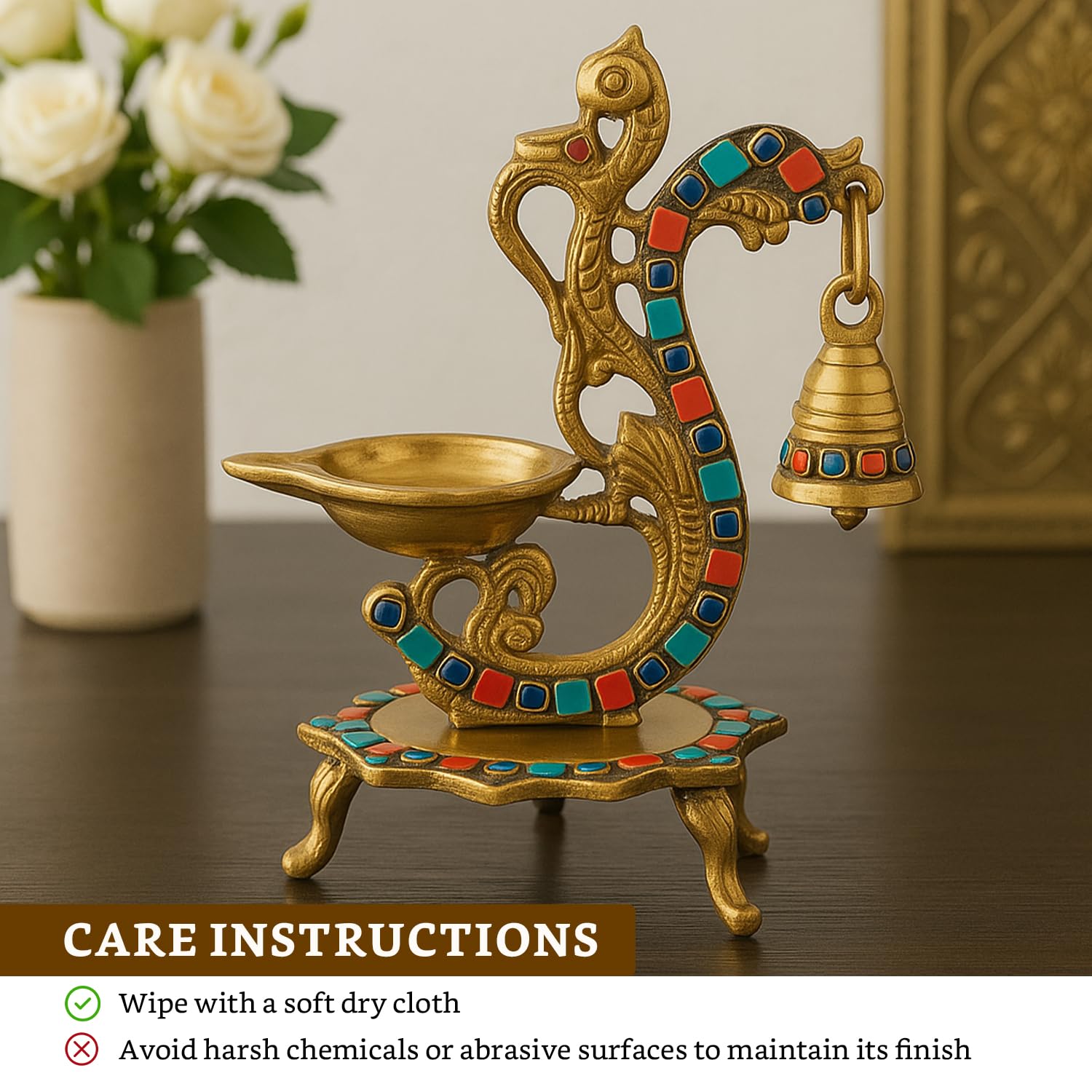 Gemstone Work Ethnic Carved Peacock Design Pure Brass Diya with Bell
