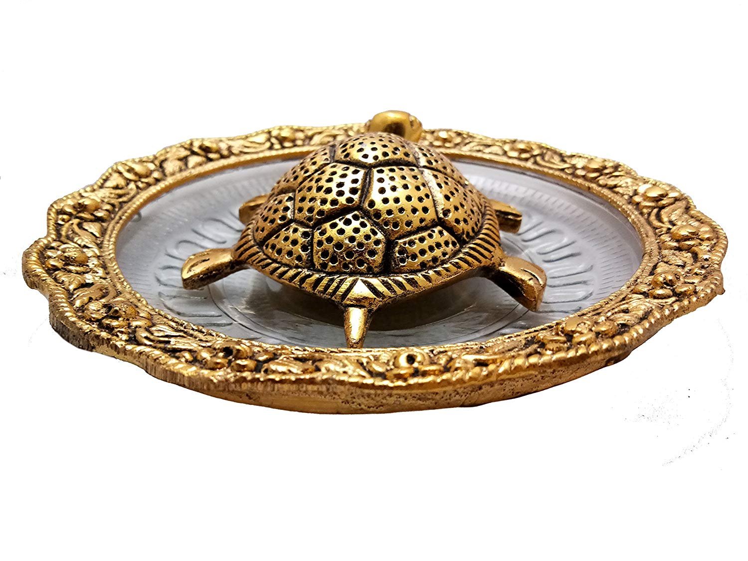 Feng Shui Golden Tortoise on Glass Plate for Good Luck and Vaastu