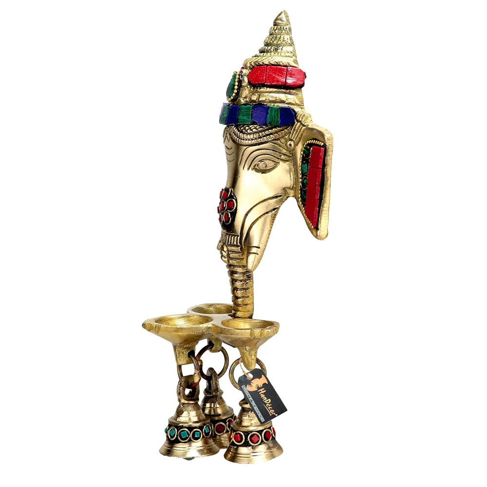 Gemstone Work Brass Ganesha Wall Hanging Diya with Bells