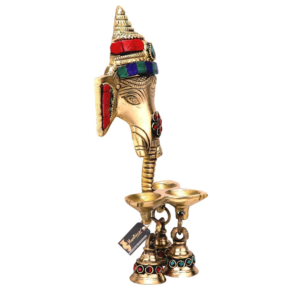 Gemstone Work Brass Ganesha Wall Hanging Diya with Bells