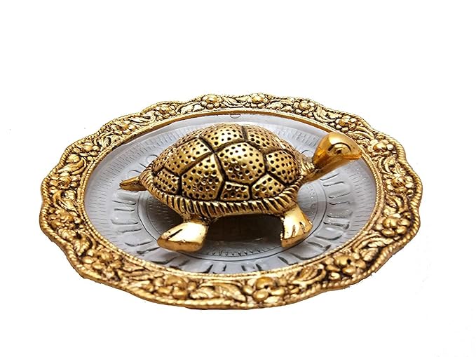 Feng Shui Golden Tortoise on Glass Plate for Good Luck and Vaastu