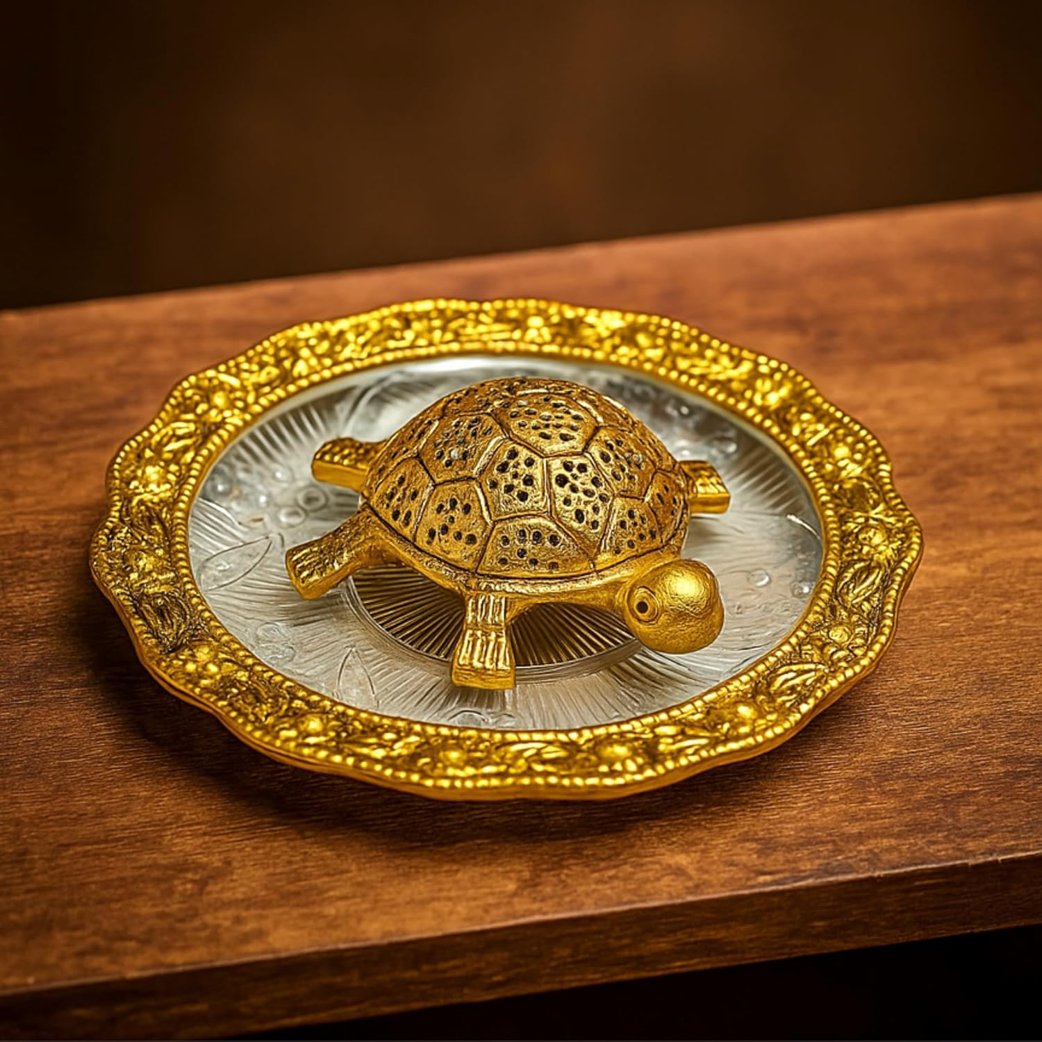 Feng Shui Golden Tortoise on Glass Plate for Good Luck and Vaastu