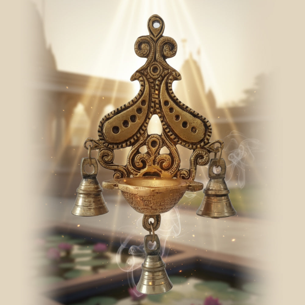 Brass Decorative Diya with Traditional Bell Antique Deepak Design