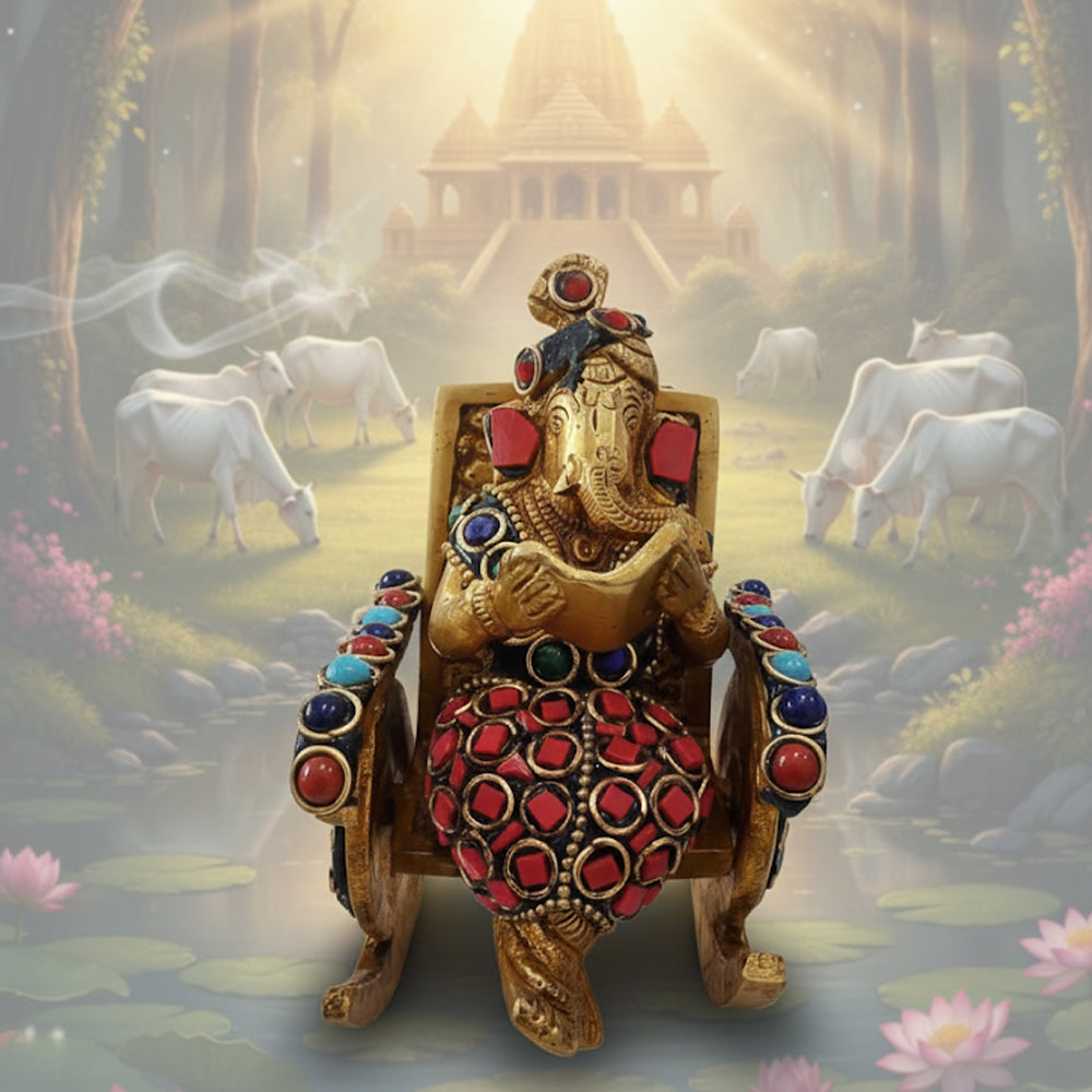Brass Lord Ganesh Reading Book on Chair