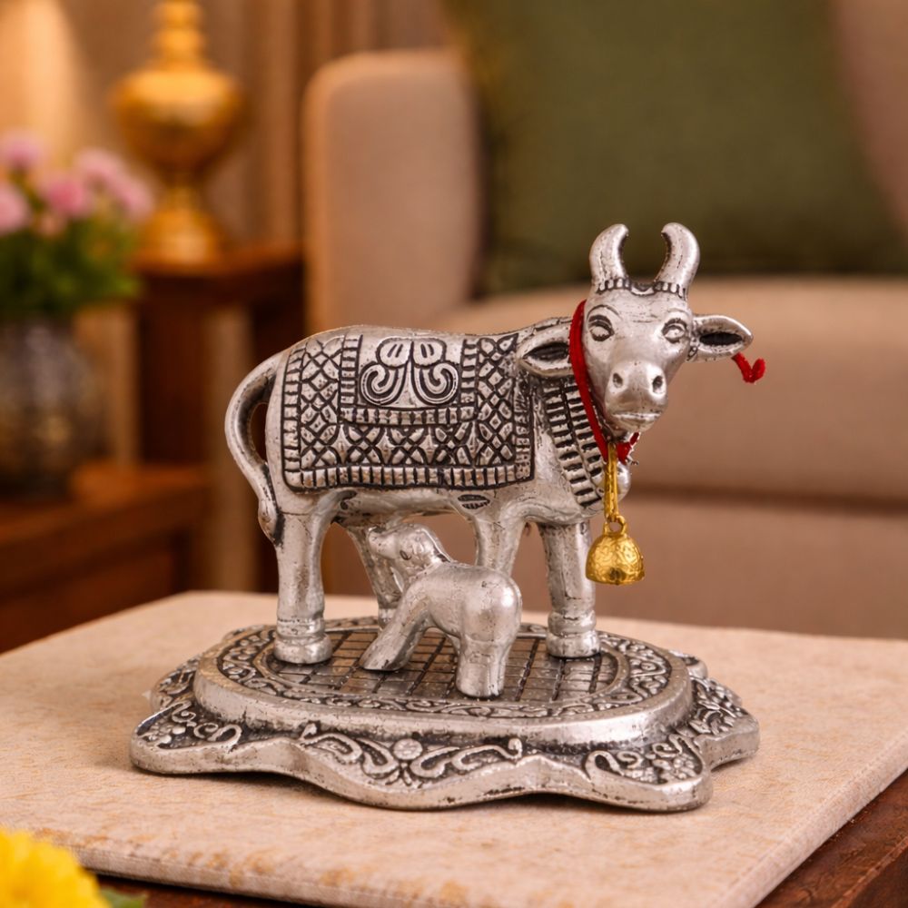 Kamdhenu Cow with Calf Metal Statue for Good Luck