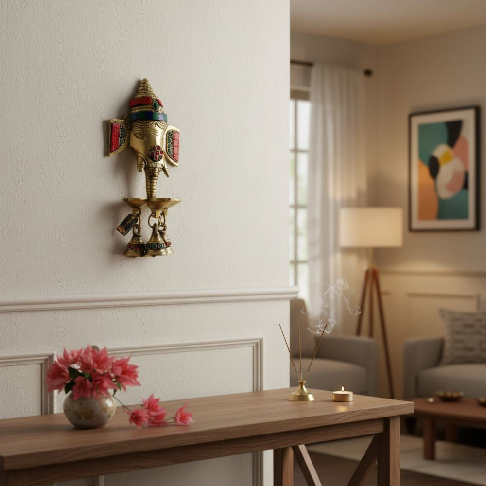 Gemstone Work Brass Ganesha Wall Hanging Diya with Bells