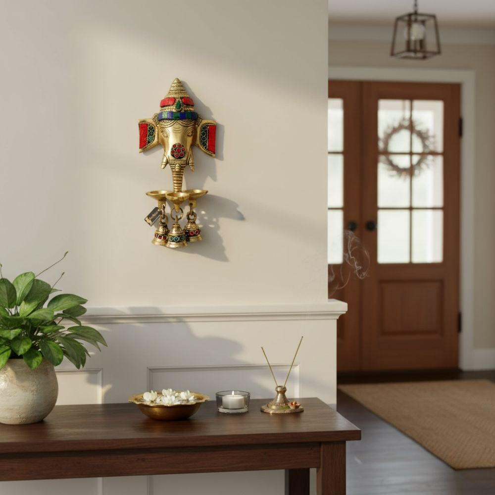 Gemstone Work Brass Ganesha Wall Hanging Diya with Bells