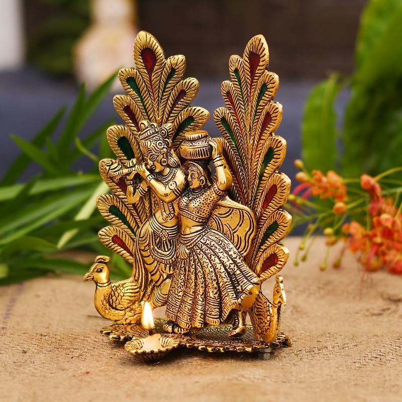 Peacock Design Radha Krishna Idol Showpiece with Diya for Puja and Home Decor