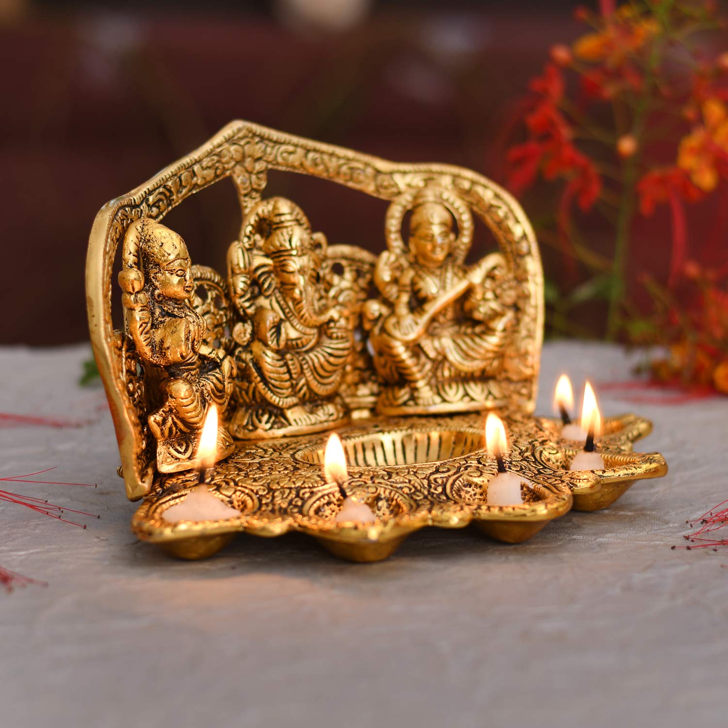 Laxmi Ganesh Saraswati Idol Diya Oil Lamp - Traditional Diya for Diwali
