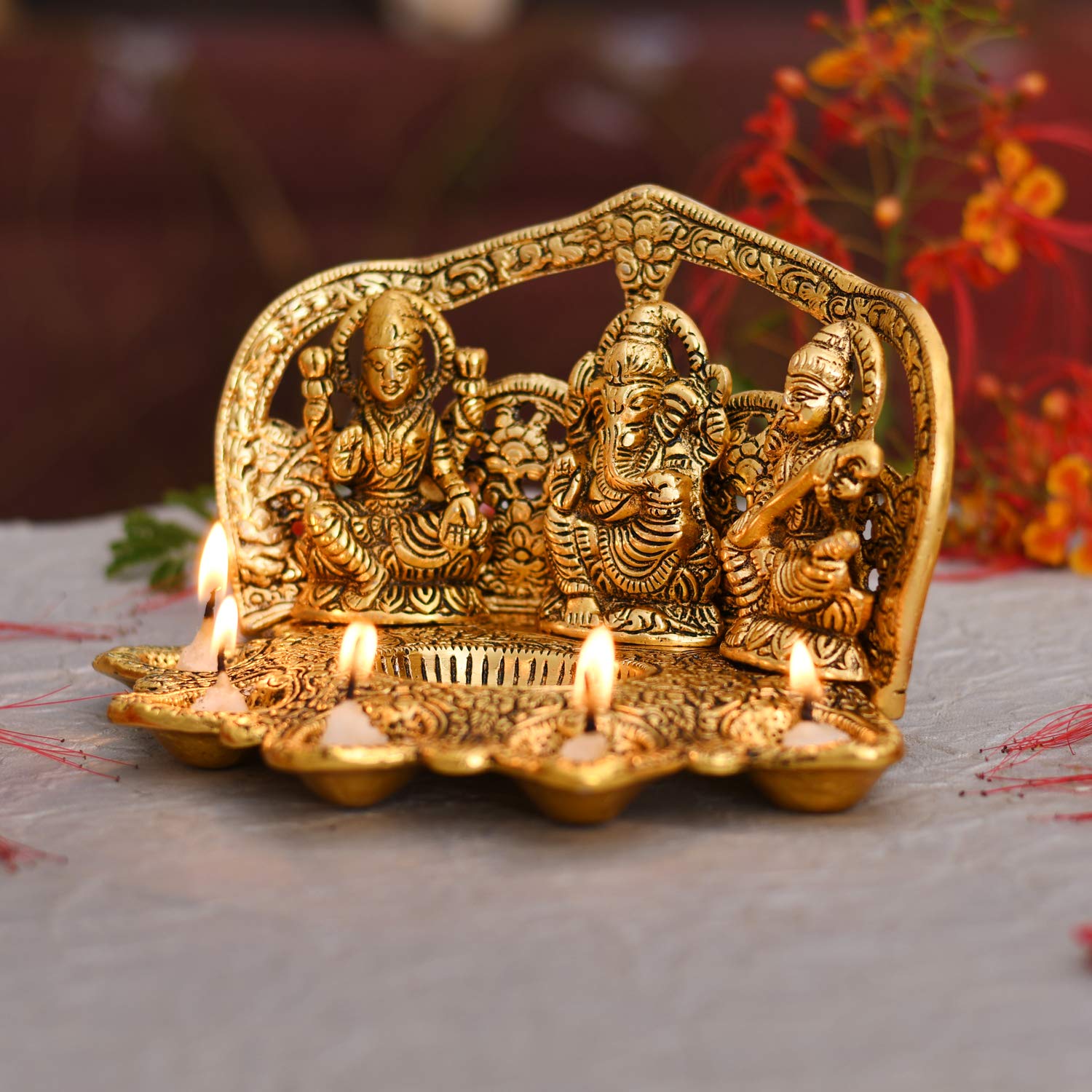 Laxmi Ganesh Saraswati Idol Diya Oil Lamp - Traditional Diya for Diwali