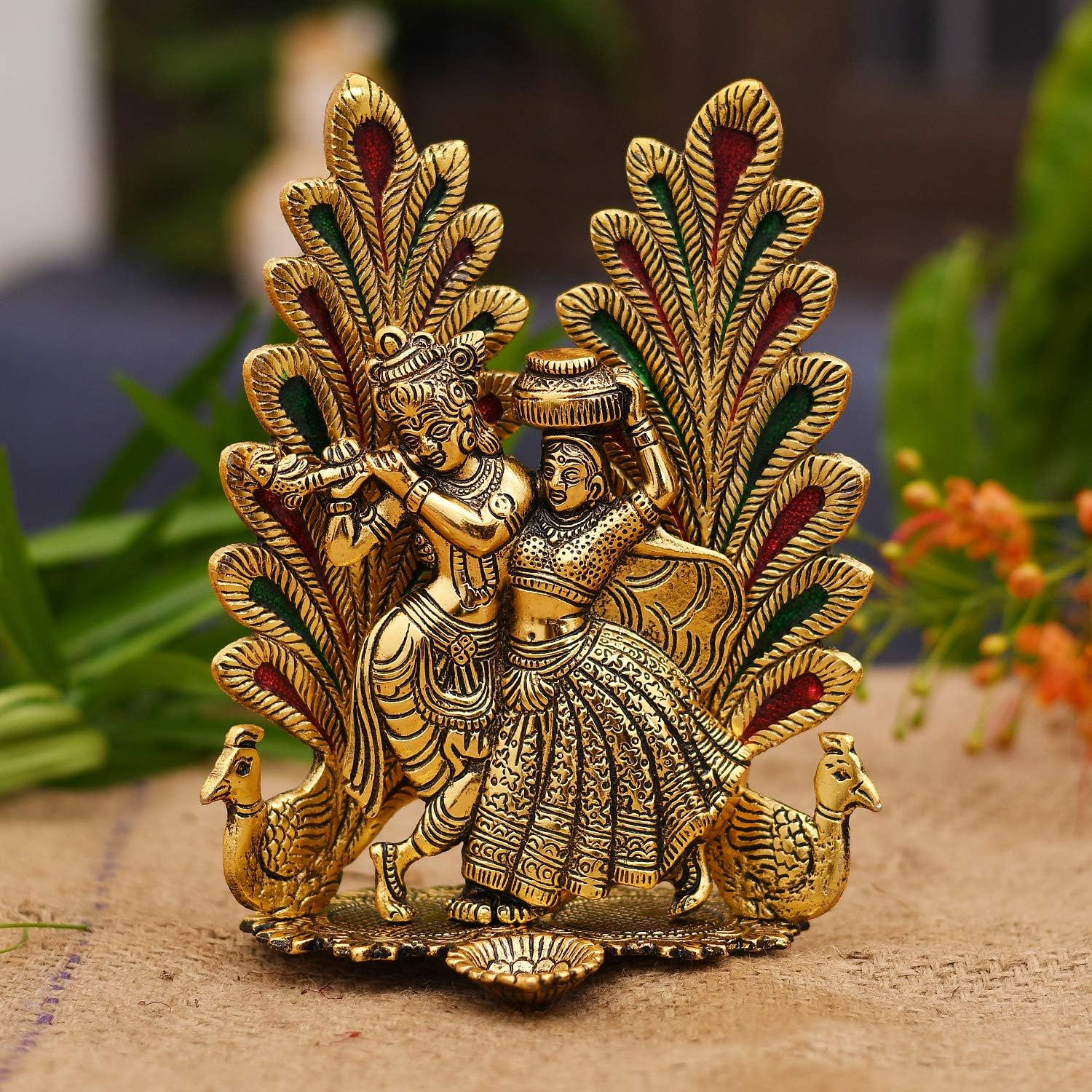 Peacock Design Radha Krishna Idol Showpiece with Diya for Puja and Home Decor