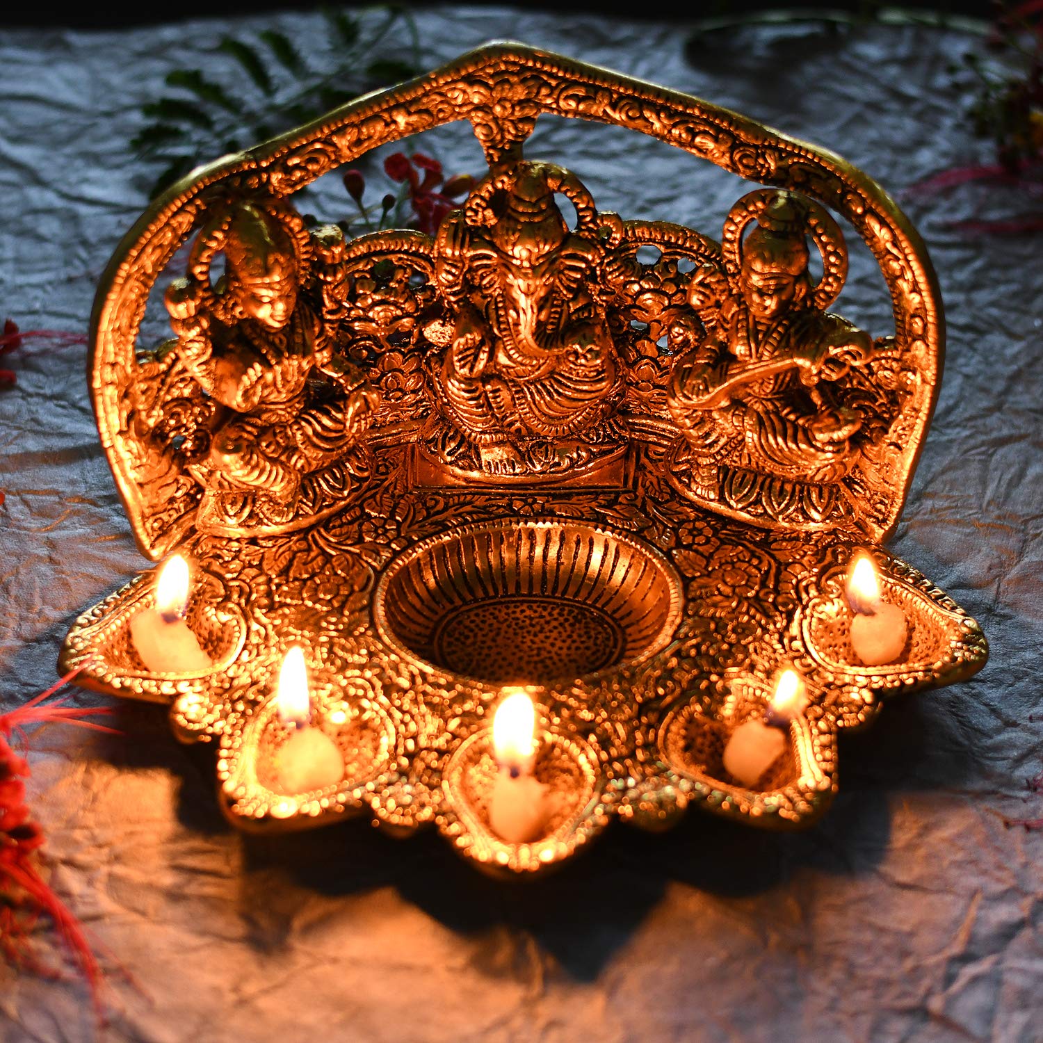 Laxmi Ganesh Saraswati Idol Diya Oil Lamp - Traditional Diya for Diwali