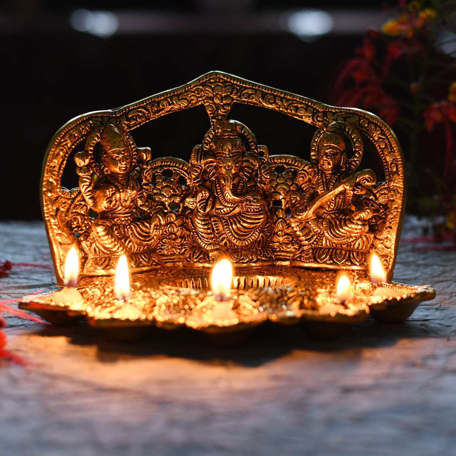 Laxmi Ganesh Saraswati Idol Diya Oil Lamp - Traditional Diya for Diwali