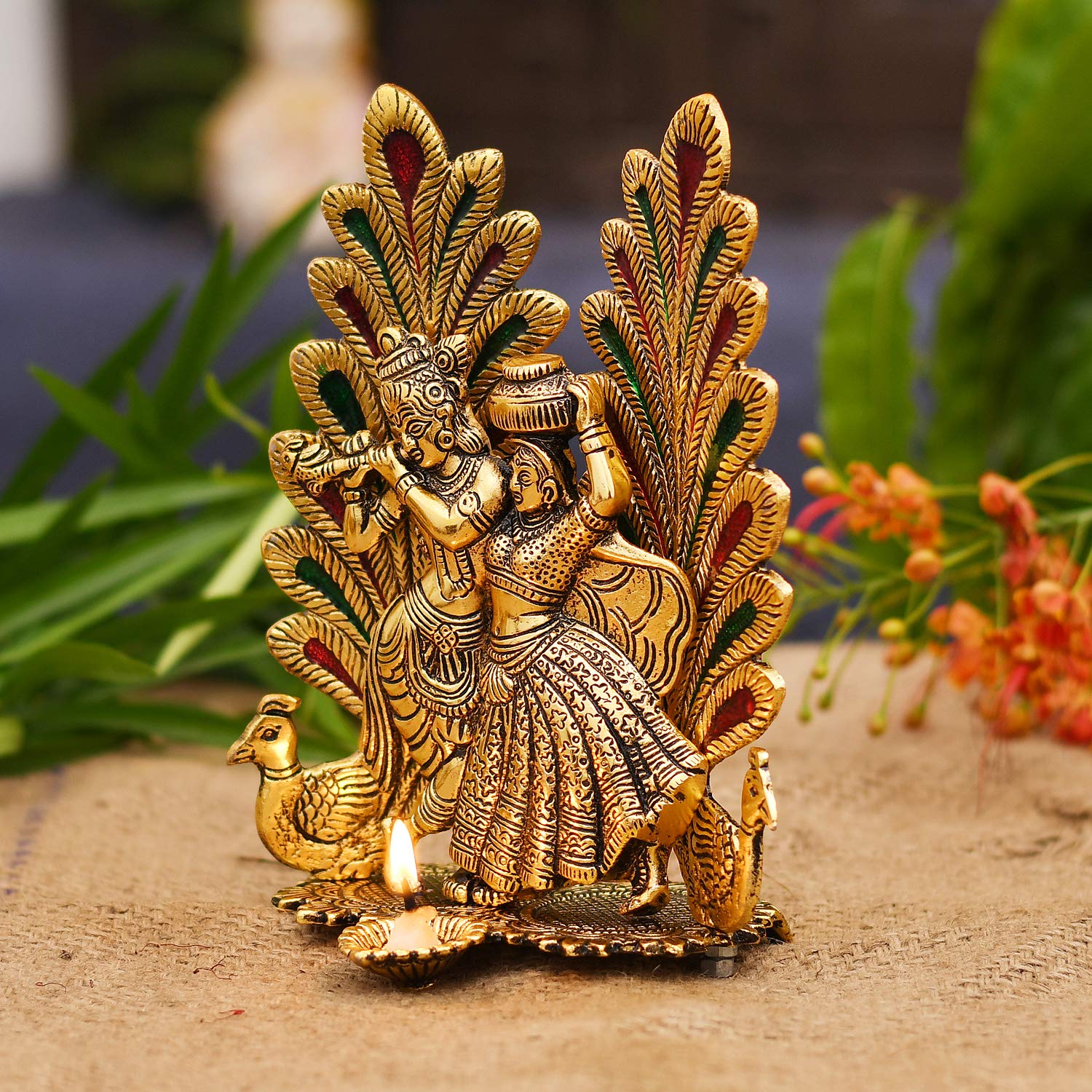 Peacock Design Radha Krishna Idol Showpiece with Diya for Puja and Home Decor