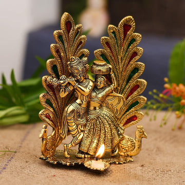 Peacock Design Radha Krishna Idol Showpiece with Diya for Puja and Home Decor