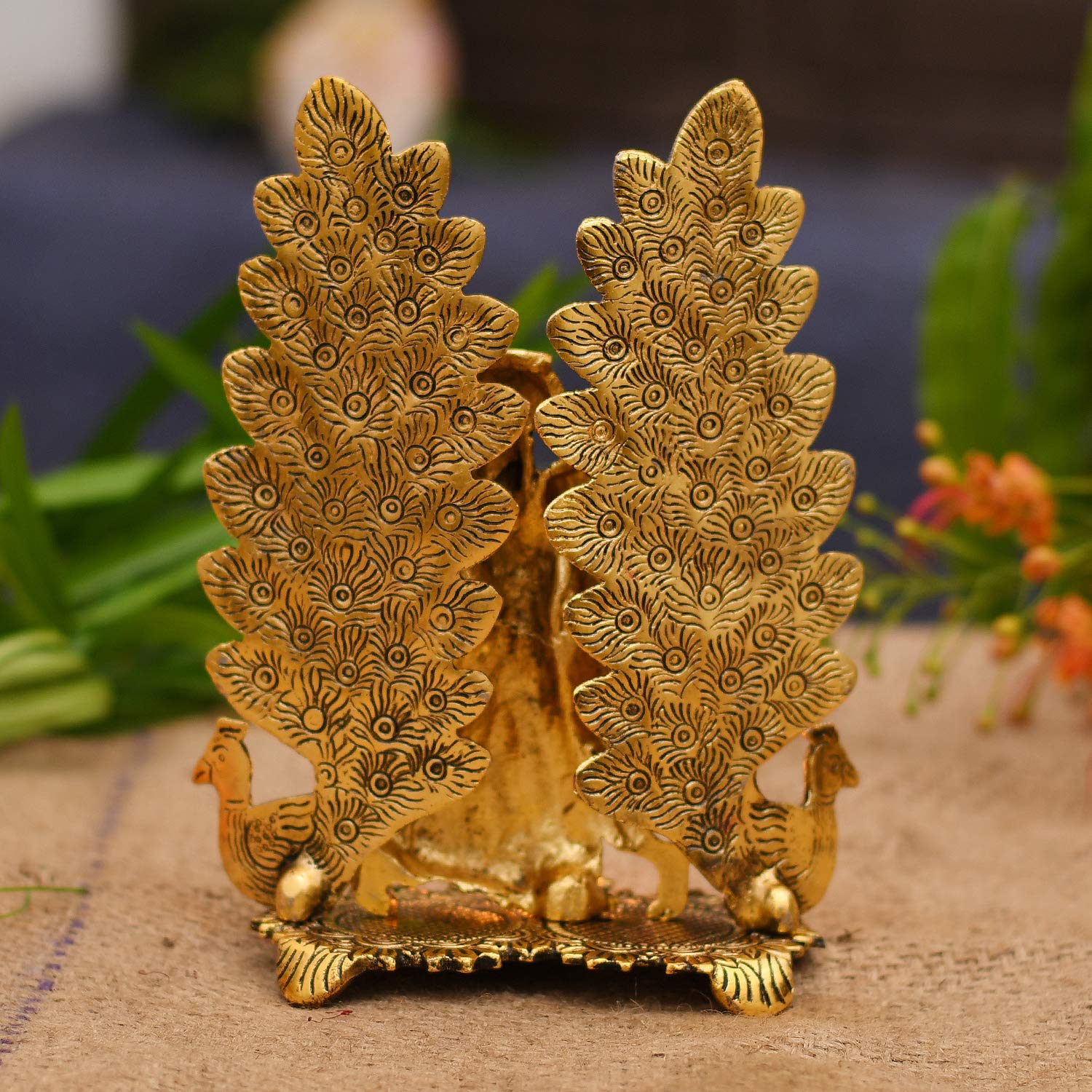 Peacock Design Radha Krishna Idol Showpiece with Diya for Puja and Home Decor