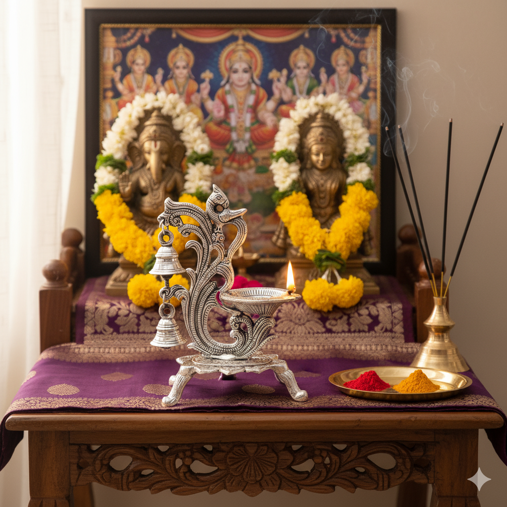 Decorative Oil Lamp Diya Stand with Bells, Antique Silver Finish, Traditional Peacock Design