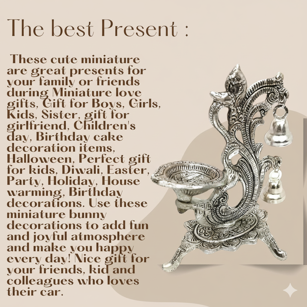 Decorative Oil Lamp Diya Stand with Bells, Antique Silver Finish, Traditional Peacock Design